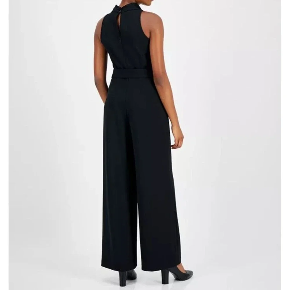 Anne Klein Women's Trendy Chic Cowlneck Wide-Leg Jumpsuit Deep Black 6 (NO BELT)